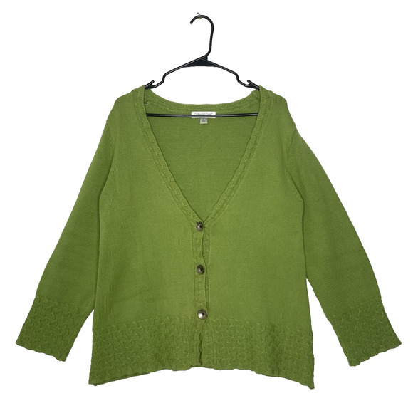 Y2K V Neck Cardigan Sweater Womens S Green Cotton Blend Knit Cottagecore Boho - Picture 1 of 10